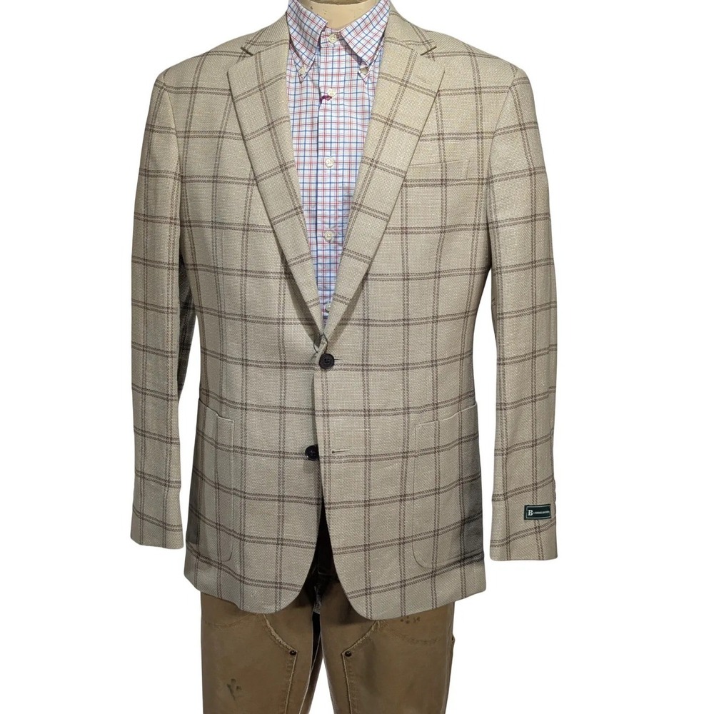 Brooks Brothers Mens Khaki Windowpane Linen Blend Sport Coat Blazer 40R NWT $450